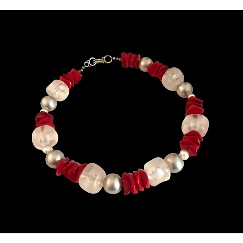 Vintage 1980s Necklace Red Lucite Bead Statement Silver Tone - 5V